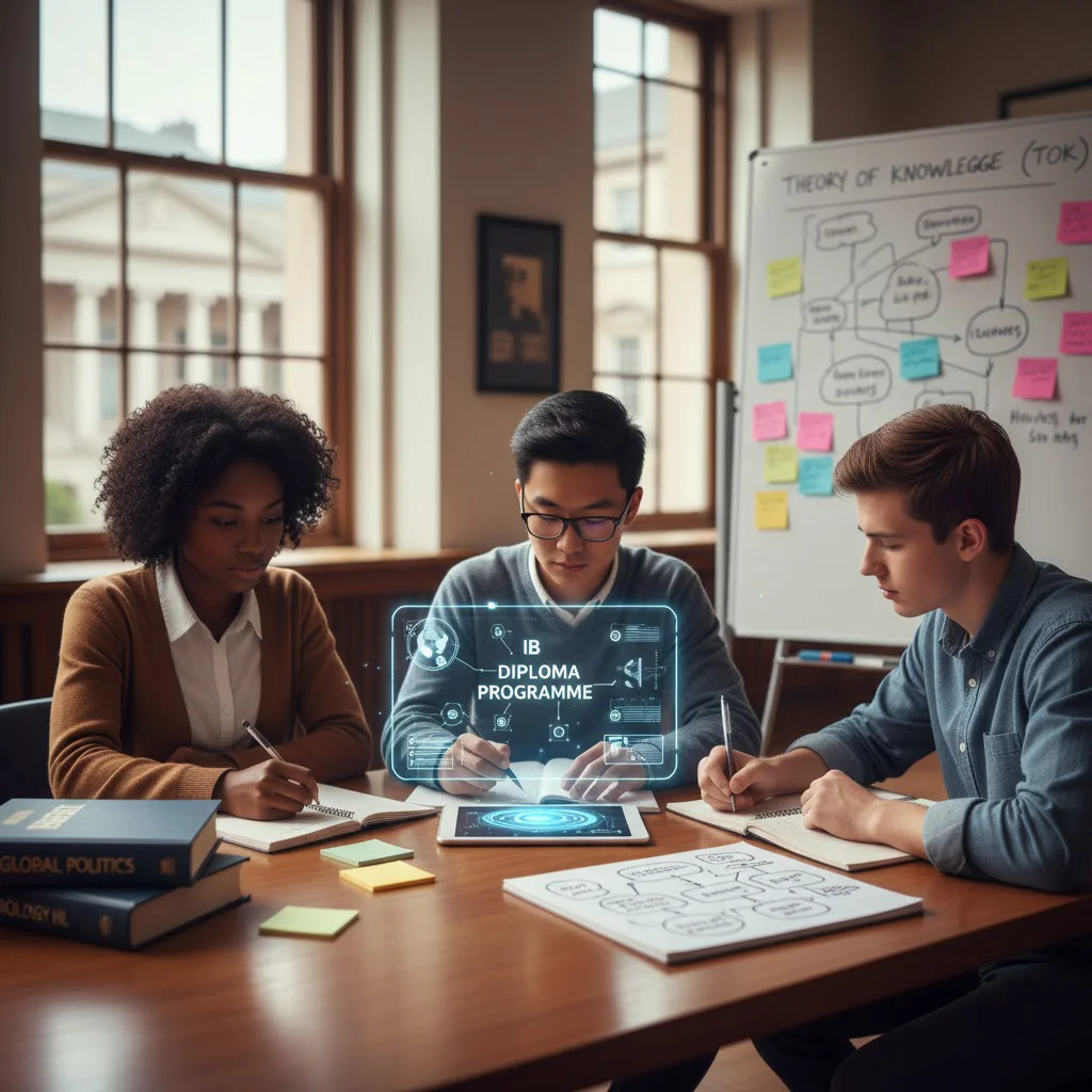 IB Diploma students studying together with books, notes, and a digital learning display