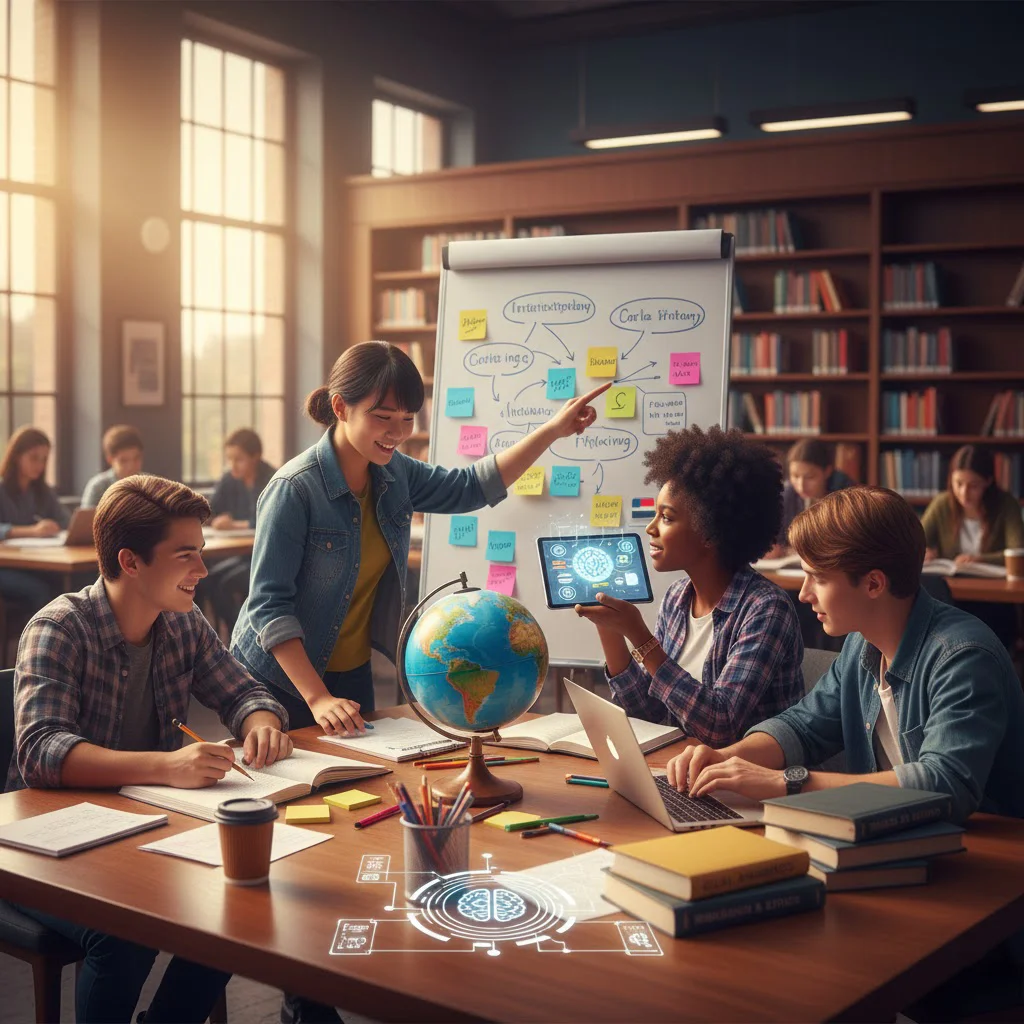 Teacher guiding students in group discussion with globe, books, and digital learning tools
