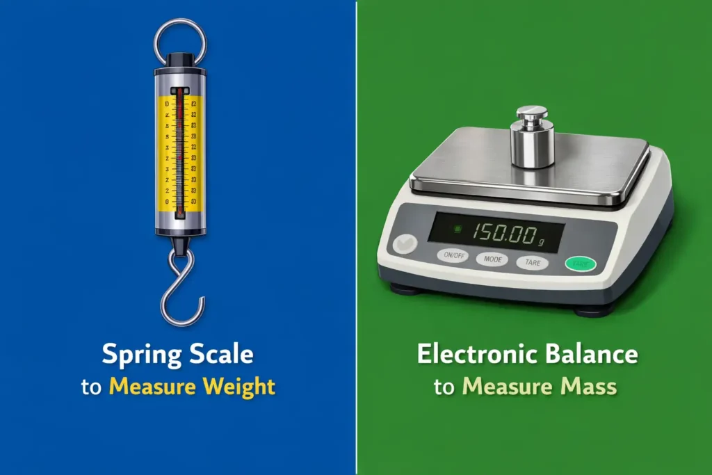 Side-by-side diagram showing a spring scale measuring weight and an electronic balance measuring mass.