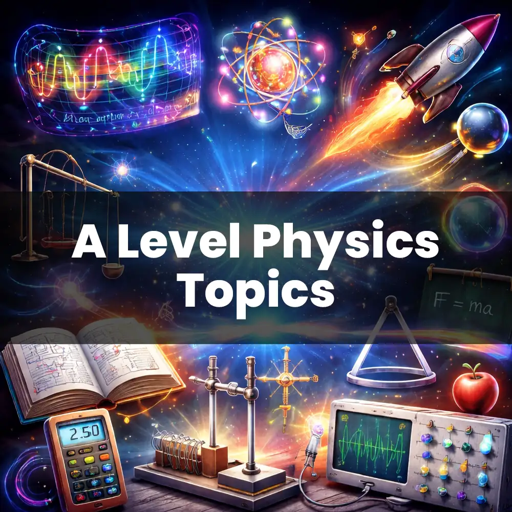 A Level Physics topics illustrated with formulas, experiments, space science, and exam board concepts