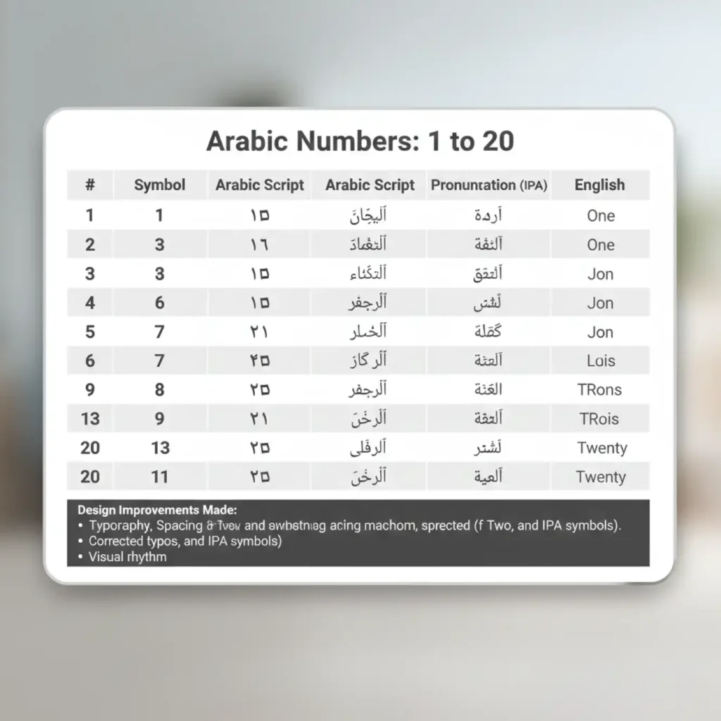 Arabic Number Counting table from 0 to 10