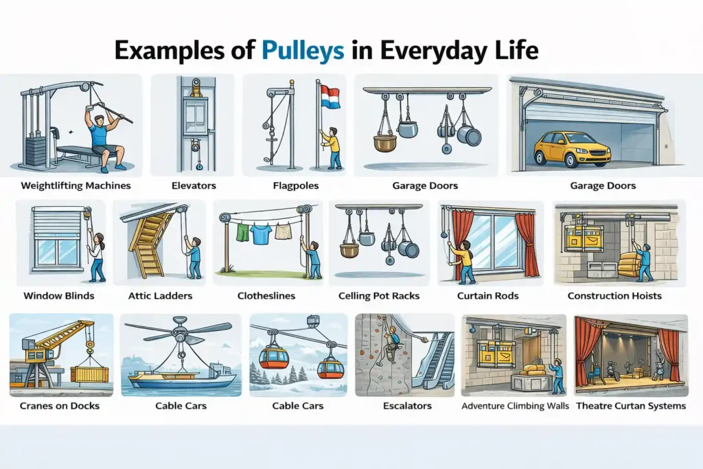 Collage showing real-life pulley system examples in gyms, cranes, elevators, and daily use.