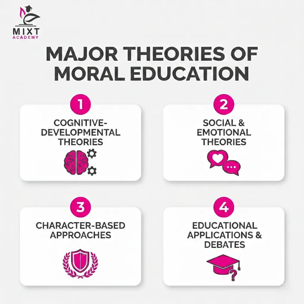 Infographic of major theories of moral education with four labeled approaches.