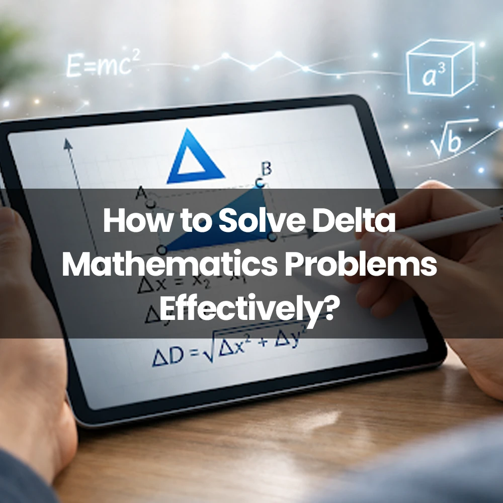 Hands using a tablet and stylus to solve math equations with delta symbols and graphs.