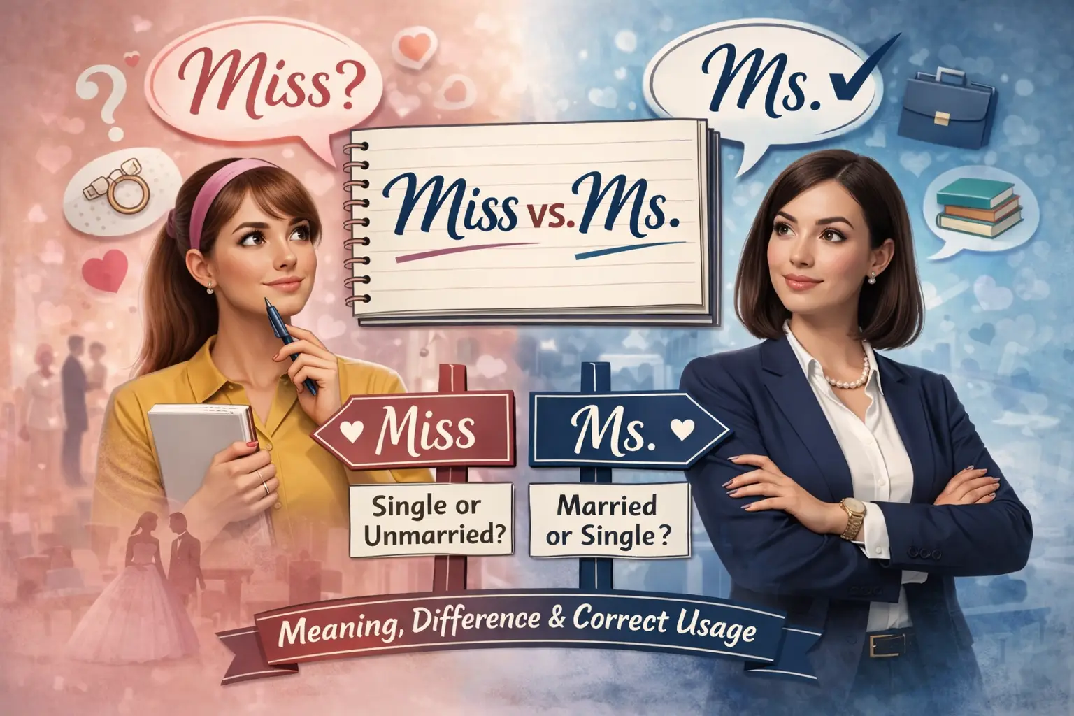 Illustration explaining the meaning and correct usage of Miss vs Ms.