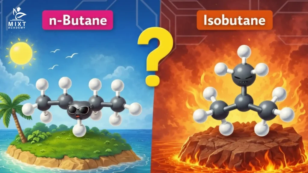 Visual comparison of n-butane and isobutane molecules showing different structures and behaviour.