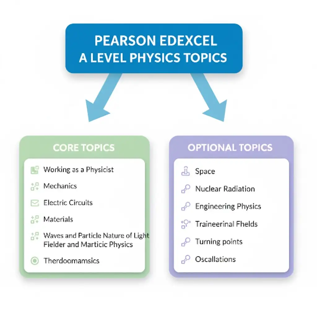 An image showing core and optional physics topics by Pearson Edexcel A-level Pearson Edexcel A Level Physics is organised into thirteen topics