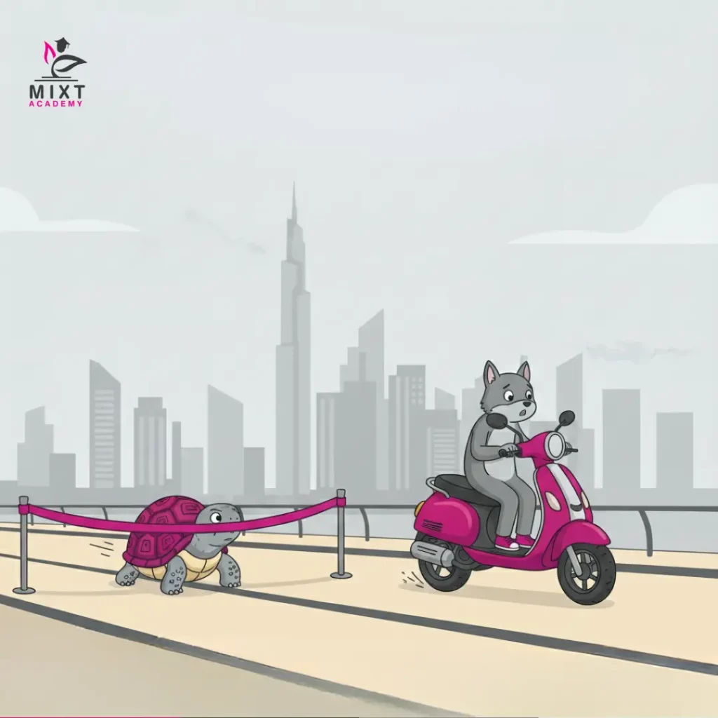 Cartoon wolf riding a pink scooter, pulling a turtle with a ribbon against a city skyline