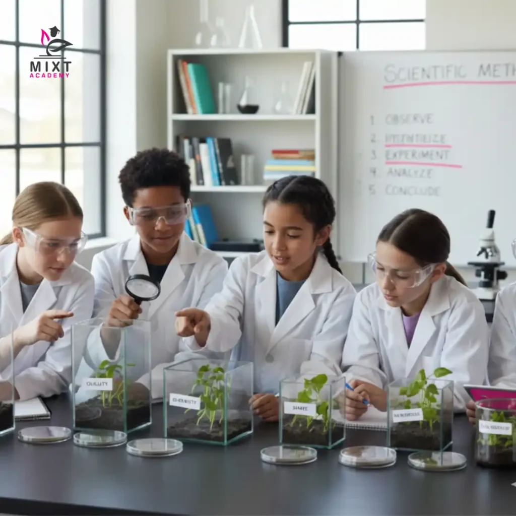“Students observing plant growth in a science lab experiment to understand scientific methods.”