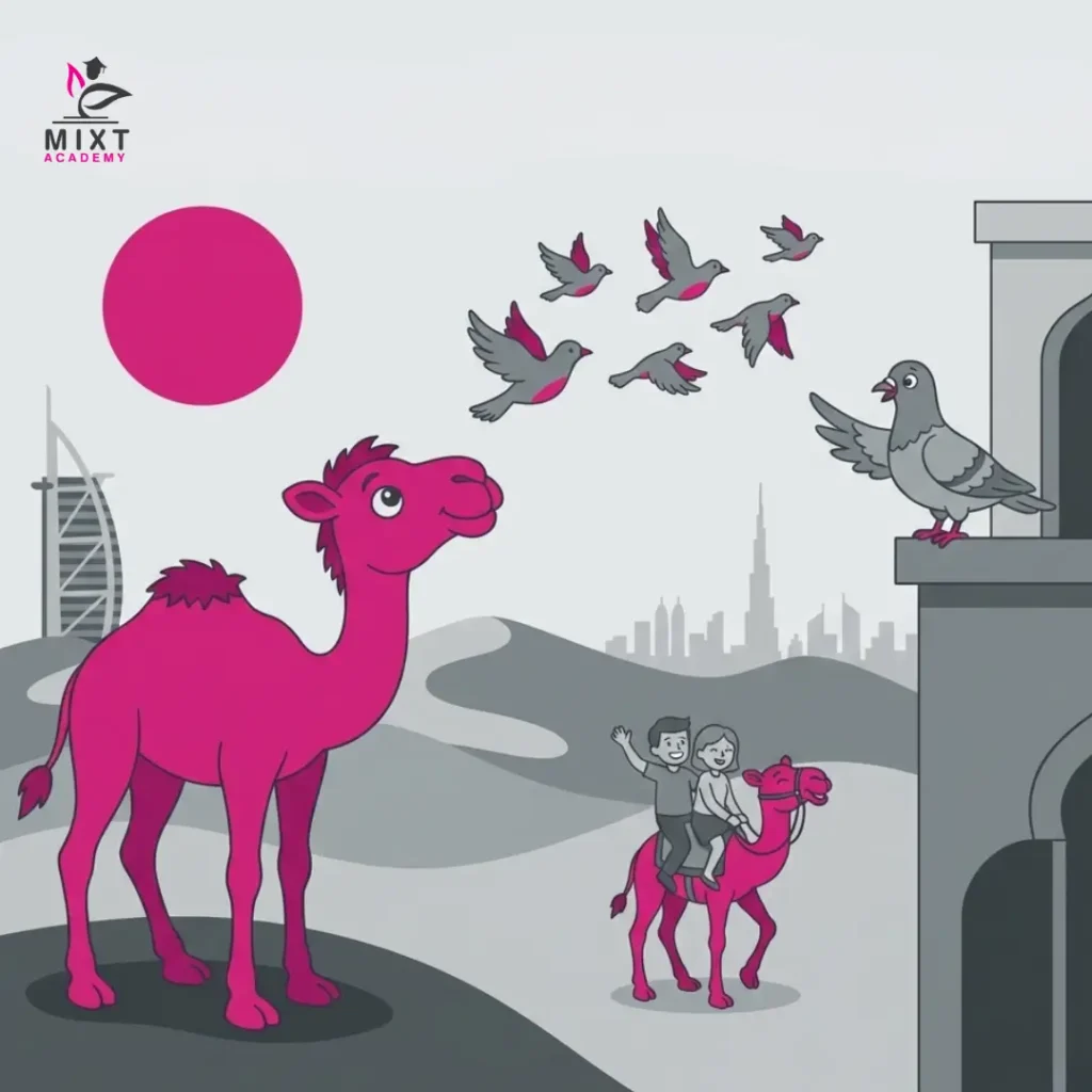 Cartoon pink camels in a desert with birds flying and a city skyline in the background