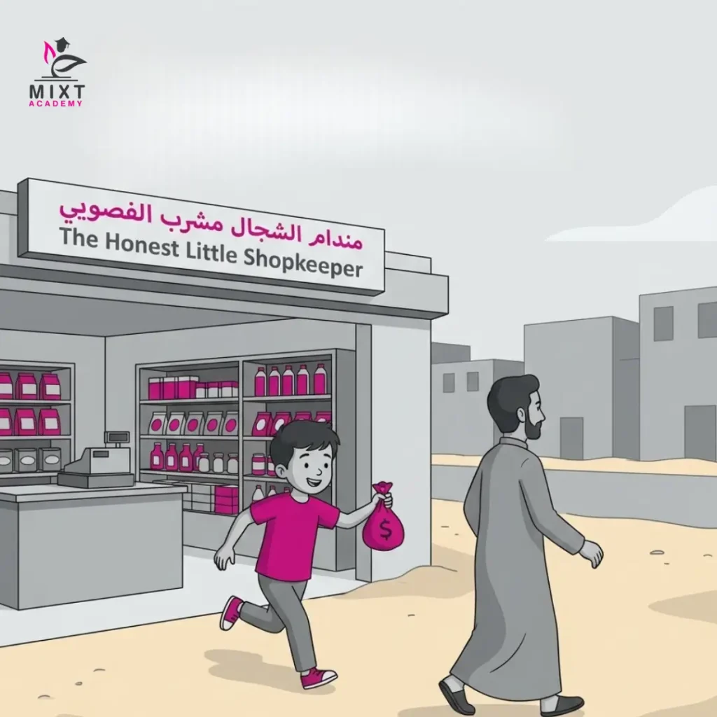 Cartoon boy running from a shop with a money bag while a man walks away in a desert town