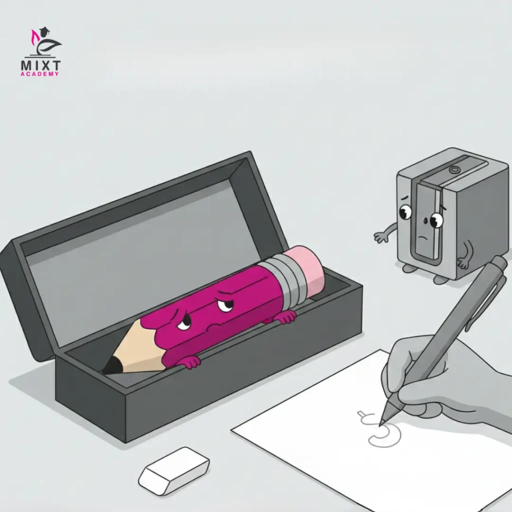 Cartoon pencil hiding in a box while a sharpener watches and a hand writes on paper