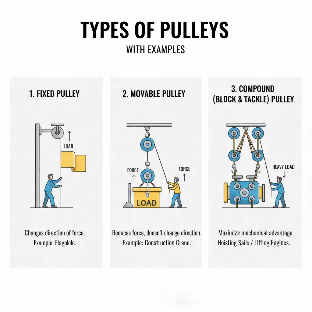 Diagram showing three types of pulleys