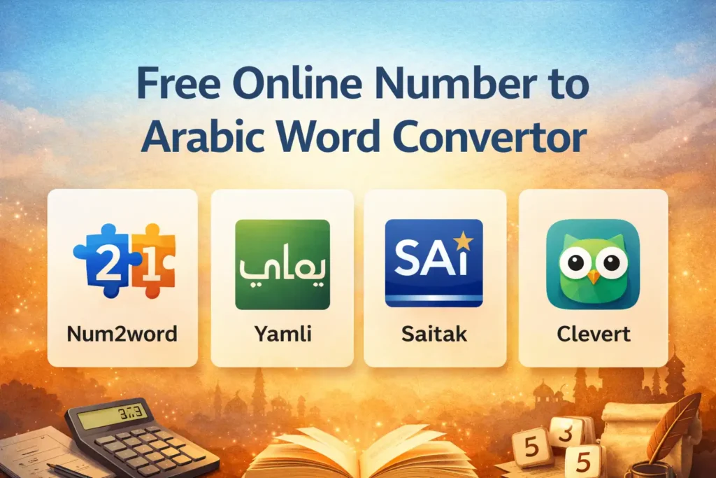 how to convert numbers into arabic letters easily? 2 Graphic showing free online tools to convert numbers into Arabic words with app logos