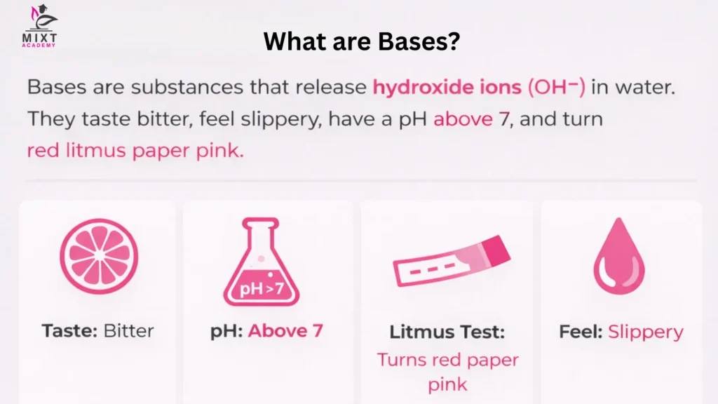 acids, bases and salts | ph scale, properties & reactions 2 Infographic explaining bases, their properties, pH above 7, and litmus test result.