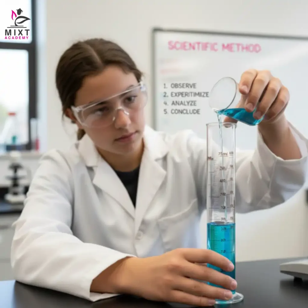 “Student using a graduated cylinder to measure liquid volume as an example of volume in science.”