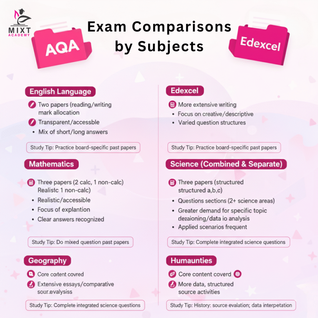 AQA vs Edexcel GCSE exam comparison by subject including English, Maths, Science, and Humanities